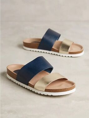 Like New! Anthropologie KMB Haydee Black and Gold Leather Slides Sandals Size 41